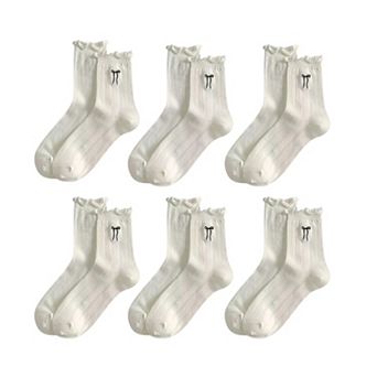Women's 6-Pack Ruffle Trim Crew Socks with Ribbed Texture and Delicate Bow Accent