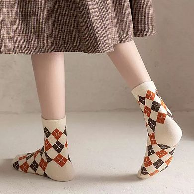 Women's 3-Pair Cotton Crew Socks Set with Checkered and Flower Textured Knit Patterns