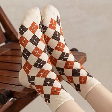 Women's 3-Pair Cotton Crew Socks Set with Checkered and Flower Textured Knit Patterns
