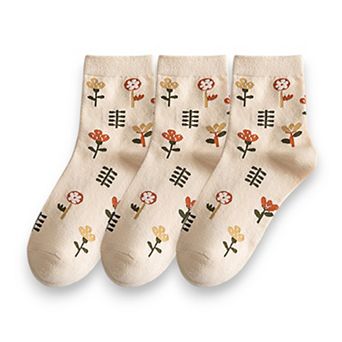 Women's 3-Pair Cotton Crew Socks Set with Checkered and Flower Textured Knit Patterns