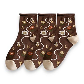 Women's 3-Pair Cotton Crew Socks Set with Checkered and Flower Textured Knit Patterns