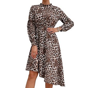 Women's Long Sleeve Leopard Print Midi Dress with High Neckline and Asymmetrical Hem