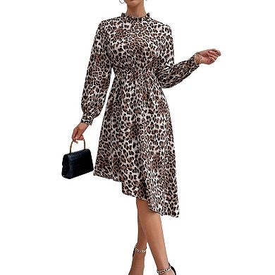 Women's Long Sleeve Leopard Print Midi Dress with High Neckline and Asymmetrical Hem