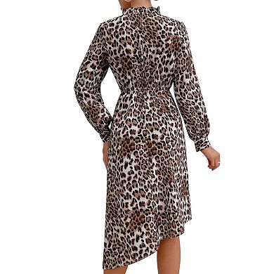 Women's Long Sleeve Leopard Print Midi Dress with High Neckline and Asymmetrical Hem