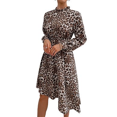 Women's Long Sleeve Leopard Print Midi Dress with High Neckline and Asymmetrical Hem