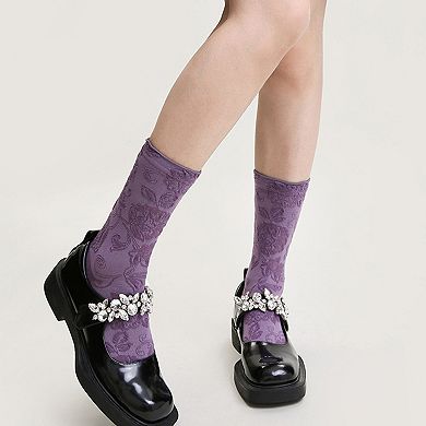Women's 3-Pair Floral Pattern Crew Socks with Scalloped Cuff and Allover Knit Design