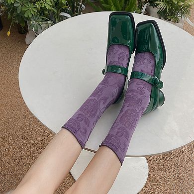 Women's 3-Pair Floral Pattern Crew Socks with Scalloped Cuff and Allover Knit Design
