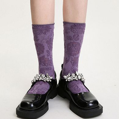 Women's 3-Pair Floral Pattern Crew Socks with Scalloped Cuff and Allover Knit Design