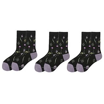 Women's 3-Pair Floral Pattern Crew Socks with Scalloped Cuff and Allover Knit Design