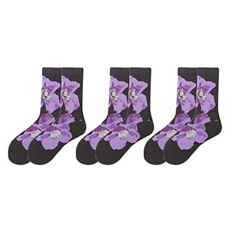 Women's 3-Pair Floral Pattern Crew Socks with Scalloped Cuff and Allover Knit Design
