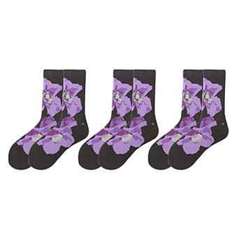 Women's 3-Pair Floral Pattern Crew Socks with Scalloped Cuff and Allover Knit Design