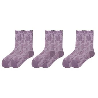 Women's 3-Pair Floral Pattern Crew Socks with Scalloped Cuff and Allover Knit Design