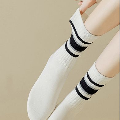 Women's 5-Pack Crew Socks Set with Ribbed Knit Texture and Classic Double Stripe Design