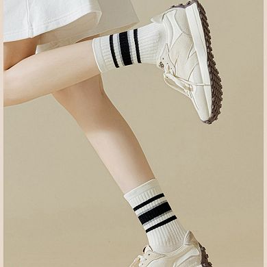Women's 5-Pack Crew Socks Set with Ribbed Knit Texture and Classic Double Stripe Design
