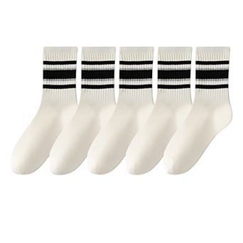 Women's 5-Pack Crew Socks Set with Ribbed Knit Texture and Classic Double Stripe Design