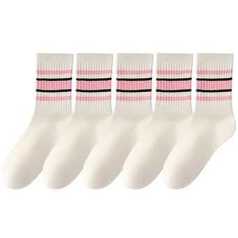 Women's 5-Pack Crew Socks Set with Ribbed Knit Texture and Classic Double Stripe Design