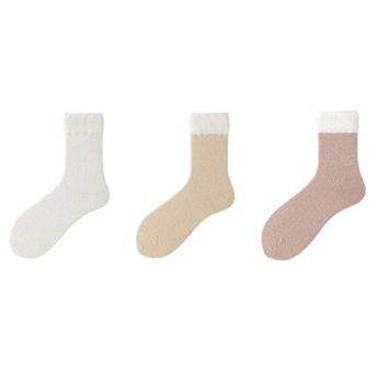 Women's 3-Pair Plush Cuffed Crew Socks Soft Knit Ribbed Design Comfortable Everyday Wear