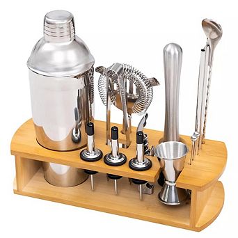 Cocktail Shaker Set Bartender Kit with Bamboo Stand 16 pc Barware Mixing Tools, Stainless Steel