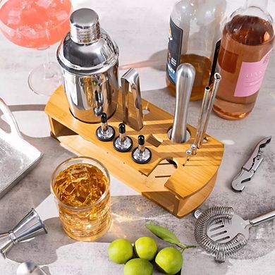 Cocktail Shaker Set Bartender Kit with Bamboo Stand 16 Piece Barware Mixing Tools, Stainless Steel