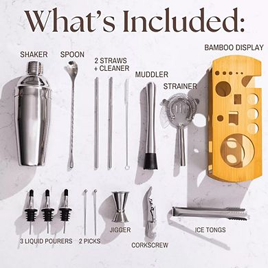 Cocktail Shaker Set Bartender Kit with Bamboo Stand 16 Piece Barware Mixing Tools, Stainless Steel