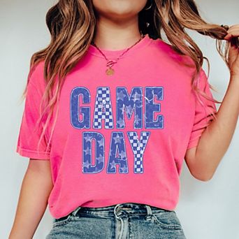 Game Day Blue Checkered - Womens Garment Dyed Tee
