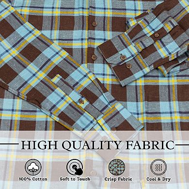 Men's Soft, Brushed, Turkish Cotton Plaid Pattern Long Sleeve Button Down Shirts