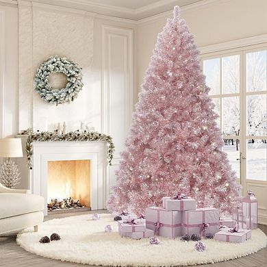 4.5/6/7.5Ft Rose Gold Tinsel Christmas Tree,Slim Pencil Design,Warm White LEDs, Metal Stand