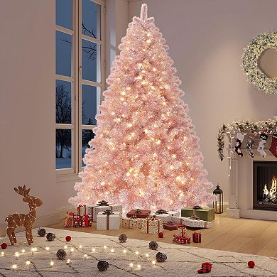 4.5/6/7.5Ft Rose Gold Tinsel Christmas Tree,Slim Pencil Design,Warm White LEDs, Metal Stand