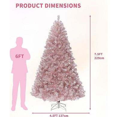 4.5/6/7.5Ft Rose Gold Tinsel Christmas Tree,Slim Pencil Design,Warm White LEDs, Metal Stand