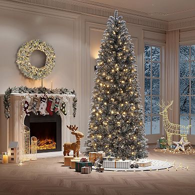 4.5/6/7.5Ft Rose Gold Tinsel Christmas Tree,Slim Pencil Design,Warm White LEDs, Metal Stand
