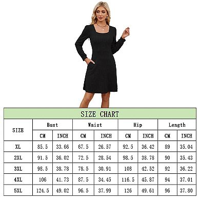 Women's Square Neck Sweater Dress Long Sleeve Ribbed Knit A-Line Mini Dress with Pockets