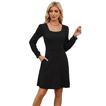 Women's Square Neck Sweater Dress Long Sleeve Ribbed Knit A-Line Mini Dress with Pockets