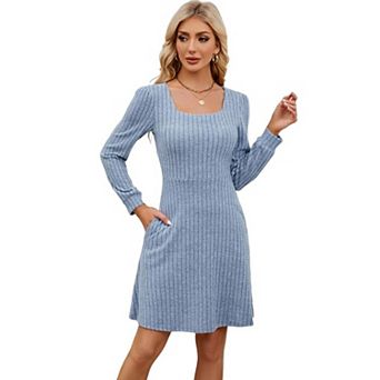 Women's Square Neck Sweater Dress Long Sleeve Ribbed Knit A-Line Mini Dress with Pockets