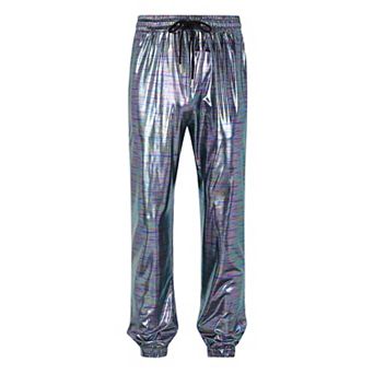 Mens Metallic Shiny Pants Party Drawstring Casual Pants with Pockets Tapered Fit