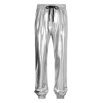 Mens Metallic Shiny Pants Party Drawstring Casual Pants with Pockets Tapered Fit