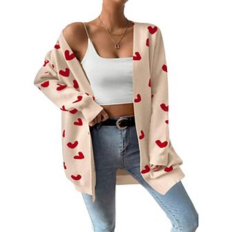 Womens Cute Heart Cardigans Oversized Long Sleeve Open Front Knit Sweaters
