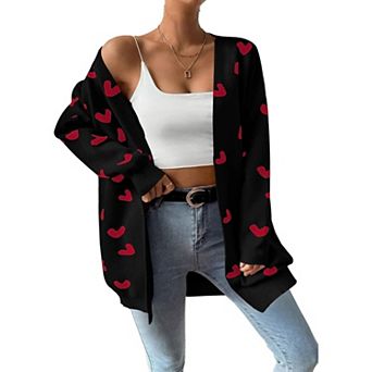 Womens Cute Heart Cardigans Oversized Long Sleeve Open Front Knit Sweaters