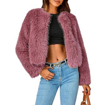 Women's Fleece Cropped Jacket Faux Fur Long Sleeve Pockets Shaggy Warm Outerwear Fall Coats