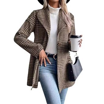 Women Long Wool Plaid Blazer Trench Coat Long Sleeve Casual Dressy Lapel Jacket Peacoat
