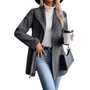 Women Long Wool Plaid Blazer Trench Coat Long Sleeve Casual Dressy Lapel Jacket Peacoat