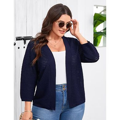 Womens Plus Size Summer Cardigan 3/4 Length Sleeve Sweaters Casual Knitted Open Front Cardigans