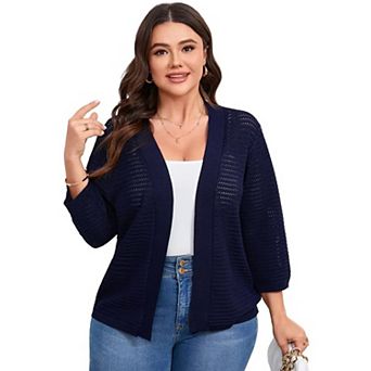 Womens Plus Size Summer Cardigan 3/4 Length Sleeve Sweaters Casual Knitted Open Front Cardigans