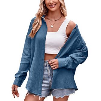 Womens Button Down Shirts Casual Long Sleeve Shirts Cotton Oversized Boyfriend Blouses with Pockets