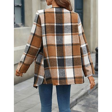 Women's Plaid Open Front Waterfall Collar Asymmetrical Coat Jacket Outerwear