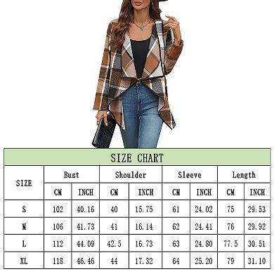 Women's Plaid Open Front Waterfall Collar Asymmetrical Coat Jacket Outerwear