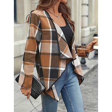 Women's Plaid Open Front Waterfall Collar Asymmetrical Coat Jacket Outerwear