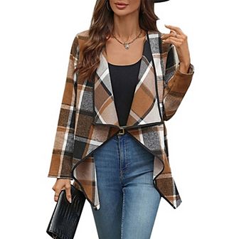 Women's Plaid Open Front Waterfall Collar Asymmetrical Coat Jacket Outerwear