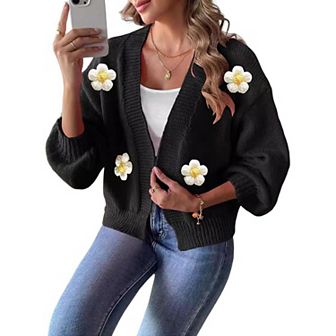 Womens Y2K Sweaters Long Sleeve Open Front Cropped Flower Knit Shrug Cardigan