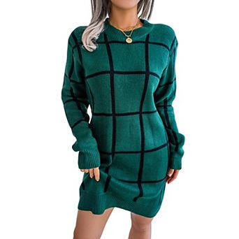 Womens Plaid Color Block Knit Sweater Dress Long Sleeve Crew Neck Slim Fit Pullover Midi Dresses