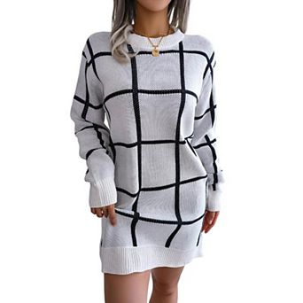 Womens Plaid Color Block Knit Sweater Dress Long Sleeve Crew Neck Slim Fit Pullover Midi Dresses